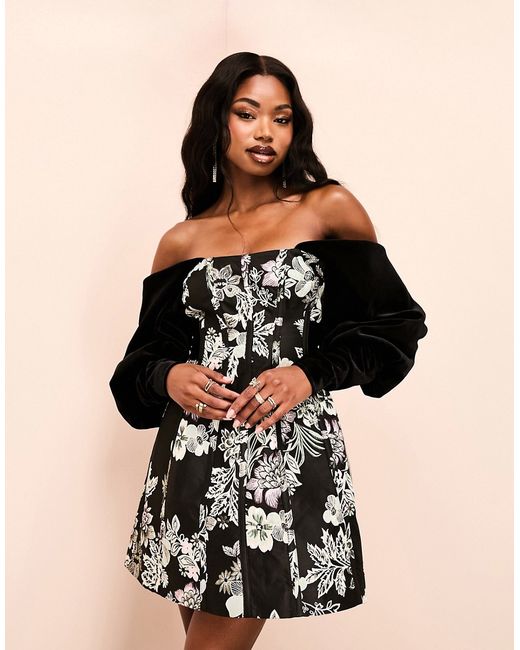 ASOS Luxe off shoulder jacquard mini dress with velvet sleeves in floral