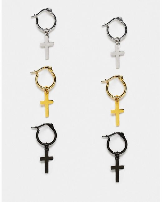 Asos Design 3-pack waterproof hoop earrings set with cross pendant in silver gold and matte black-