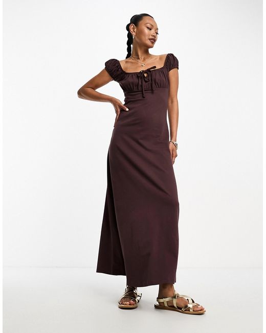 Asos Design cap sleeve ruched midi dress with tie detail in chocolate-