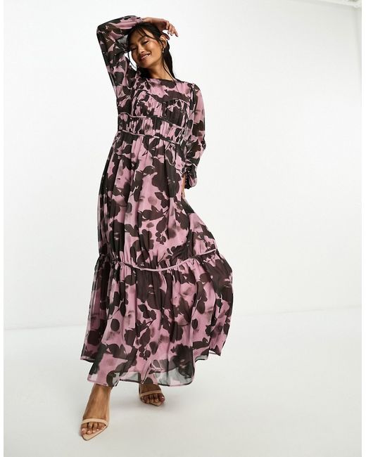 Asos Design channel waist maxi dress in black and purple print-