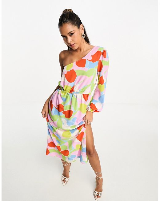 Asos Design one shoulder cut out midi dress in bright abstract print-