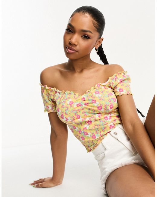 Monki gathered detail off-the-shoulder top in floral
