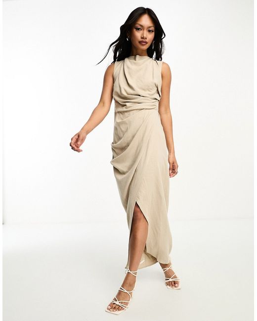 Asos Design linen drape midi dress with wrap skirt in stone-
