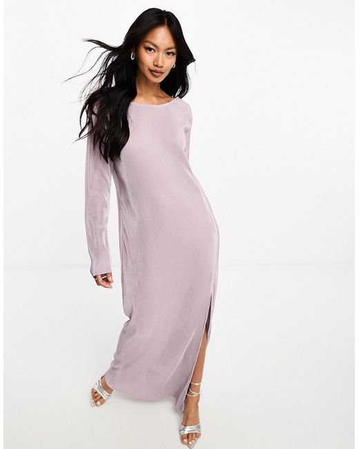 Y.A.S Bridesmaid plisse long sleeved maxi dress with split in lavender-