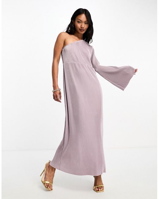 Y.A.S Bridesmaid plisse one shoulder midi dress in lavender-