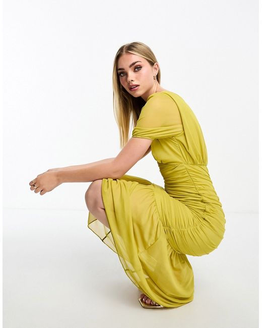 Little Mistress ruched midi dress in olive-