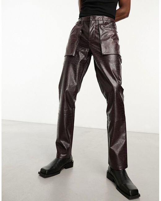 Asos Design straight leather look cargo pants with carpenter detail in burgundy-