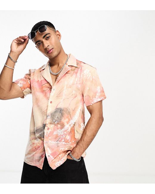 Labelrail x Stan Tom revere collar marbled print sequin short sleeve shirt in