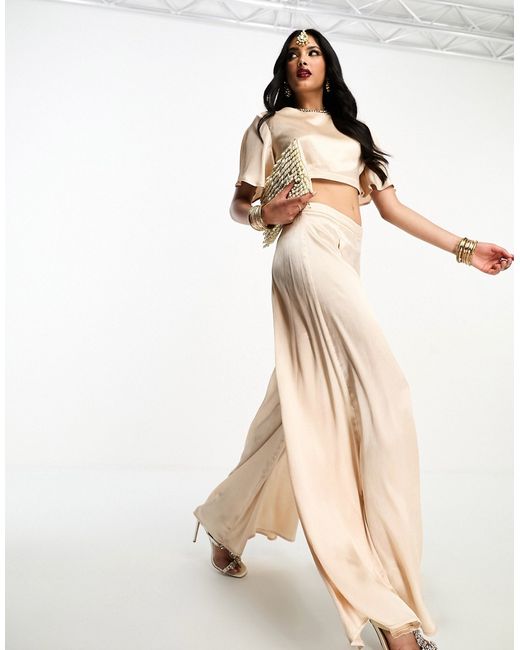 Kanya London pleated sharara wide leg pants in champagne part of a set-