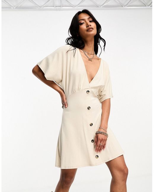 Asos Design flutter sleeve mini tea dress with buttons in stone-