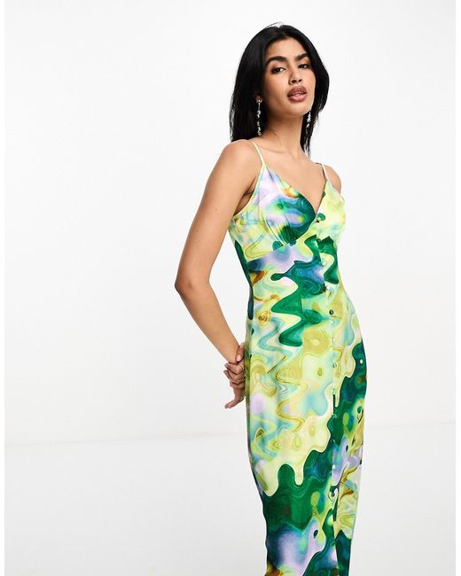 Never Fully Dressed satin midaxi dress in green marble print-