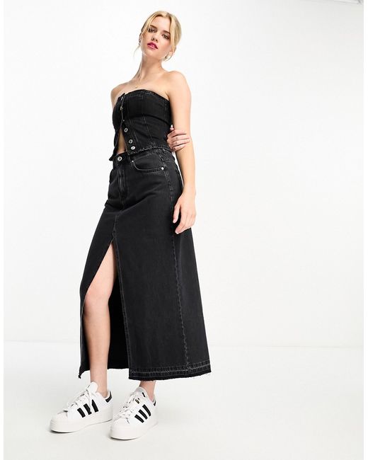 Pull & Bear denim midi skirt with split front in