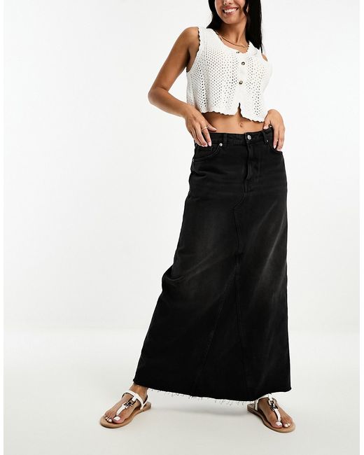 Monki denim maxi skirt with front split in washed