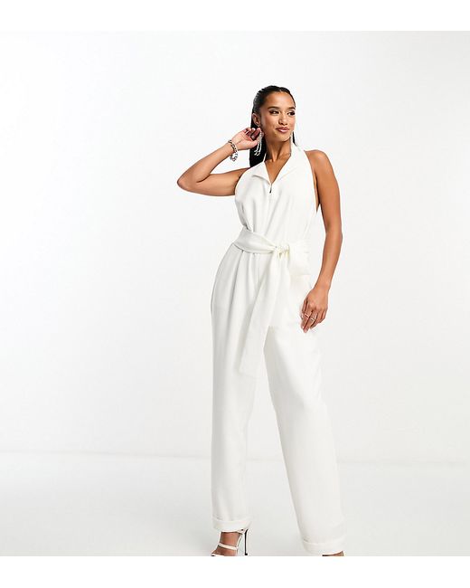 Never Fully Dressed Petite tailored wrap jumpsuit in cream-