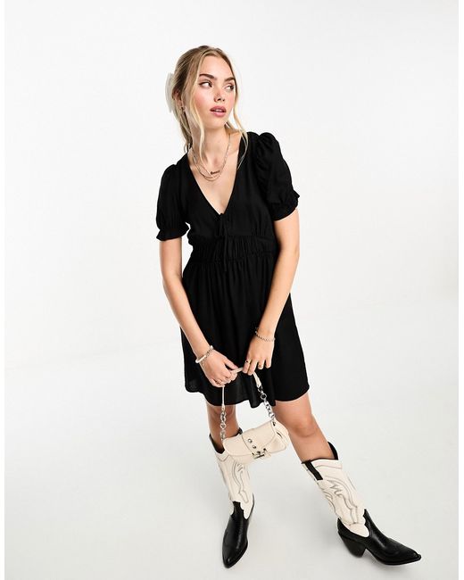 Monki mini smock dress with puff sleeves in