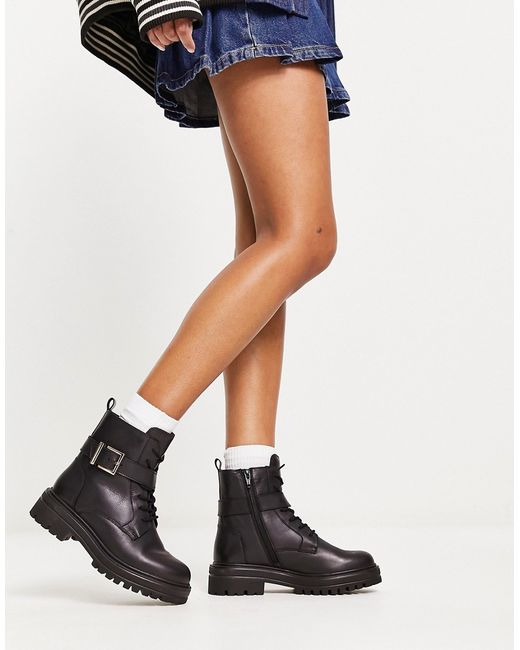 London Rebel Leather buckle lace up boots in