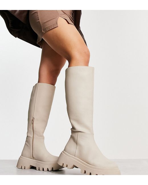 Simply Be Wide Fit knee flat boot with cleated sole in stone-