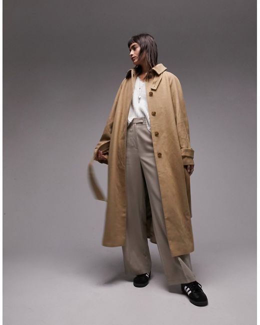 TopShop long-lined belted brushed trench coat in honey-