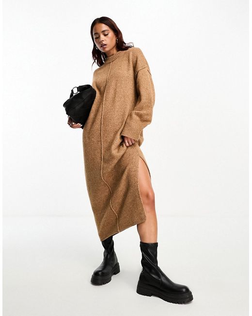 Asos Design oversized knitted midi dress with crew neck and seam detail in camel-