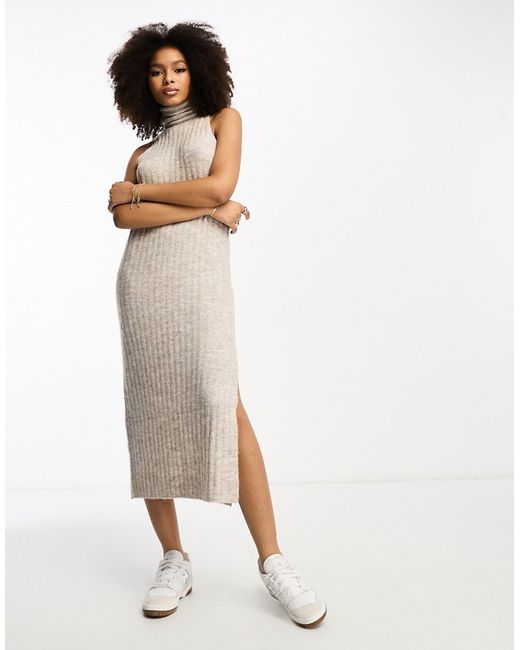 Asos Design knitted sleeveless midi dress with roll neck in stone part of a set-