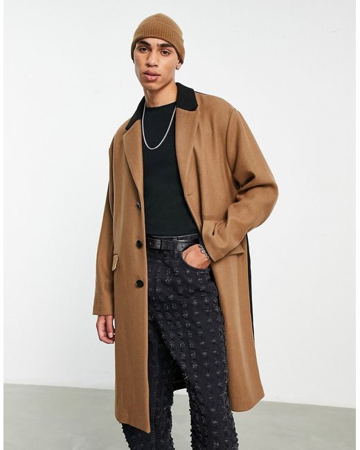 Topman unlined over coat with block in stone and black-