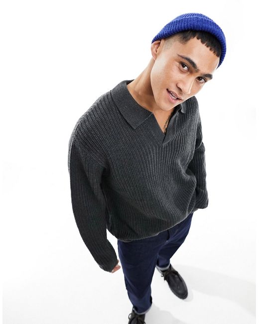 Asos Design oversized knitted fisherman rib notch neck sweater in charcoal-