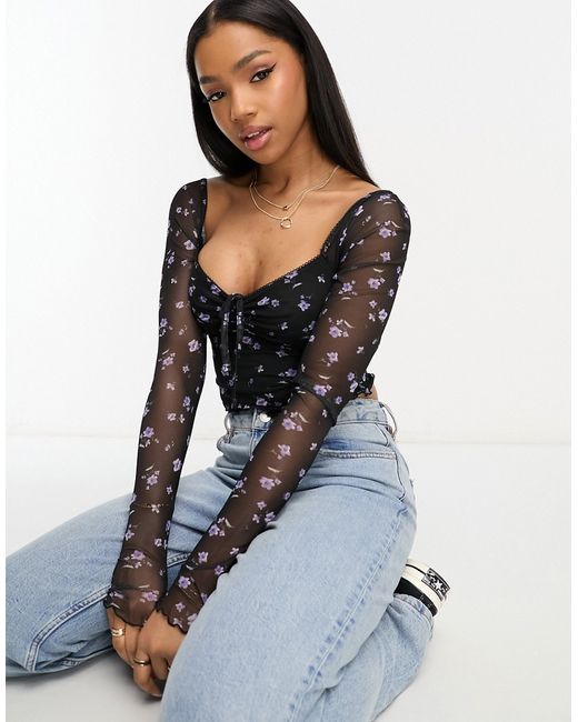 Asos Design 90s milkmaid mesh long sleeve top in dark floral-