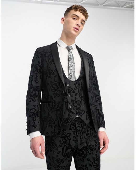 Twisted Tailor Reyes skinny suit jacket in with floral flocking
