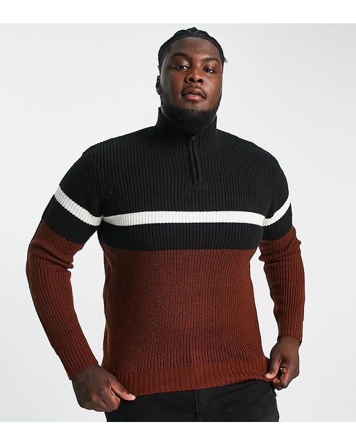 Le Breve Plus block ribbed 1/2 zip sweater in brown