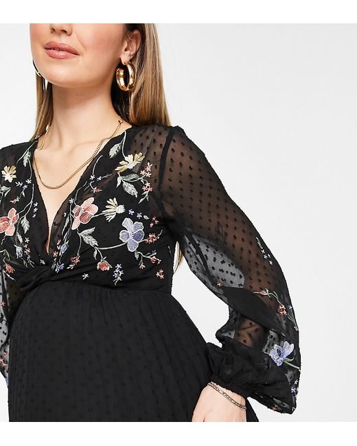 ASOS Maternity DESIGN Maternity textured twist front pleated midi dress with all over embroidery in