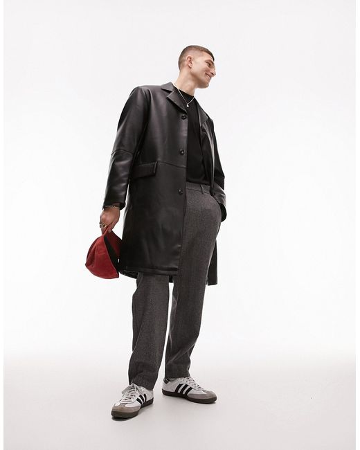 Topman faux leather longline coat in