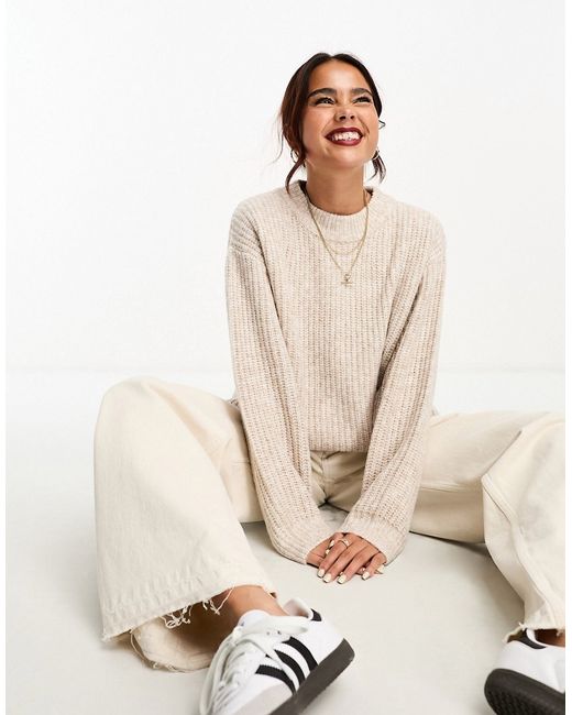 Asos Design fluffy rib sweater with crew neck in oatmeal-