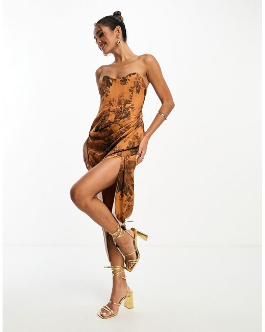 Asos Design satin corset bandeau midi dress with drape detail in rust floral print-