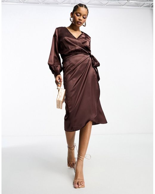 Never Fully Dressed satin wrap midaxi dress in chocolate