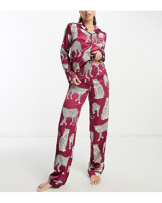Chelsea Peers Tall premium satin revere top and pants pajama set in wine leopard print-
