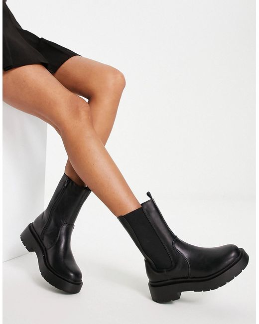 New Look flat chunky high ankle chelsea boot in