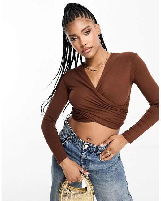 Asos Design cross over off shoulder bardot top with long sleeve in chocolate-