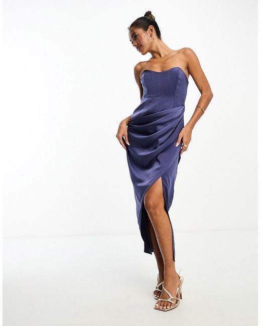 Asos Design satin corset bandeau midi dress with drape detail in indigo-