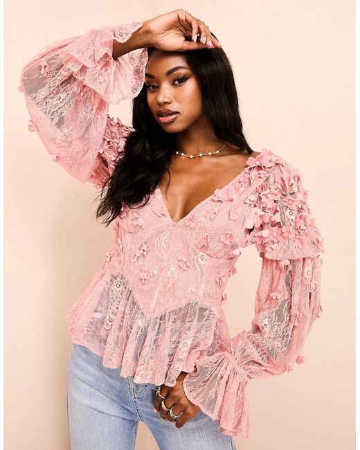 ASOS Luxe mesh floral bardot long sleeved top with velvet flowers and pearl embellishement in