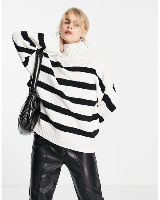 Asos Design high neck sweater in stripe black and cream-