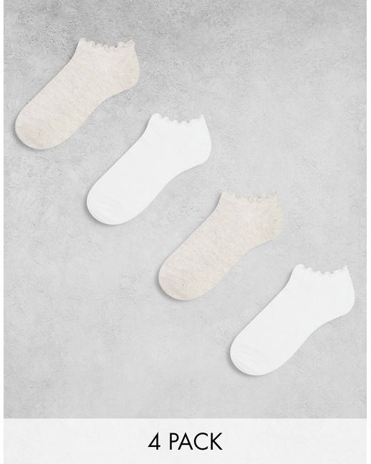 Lindex 4-pack ribbed ankle socks with frill edge in white and beige-