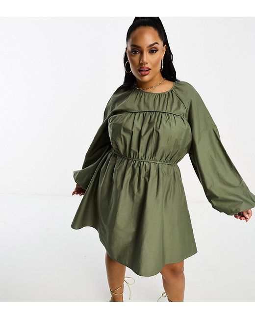 ASOS Curve DESIGN Curve poplin mini dress with ruched bust detail in olive