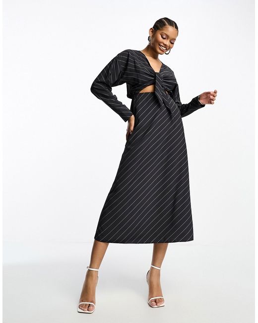Asos Design cut out waist long sleeve midi dress in charcoal stripe-