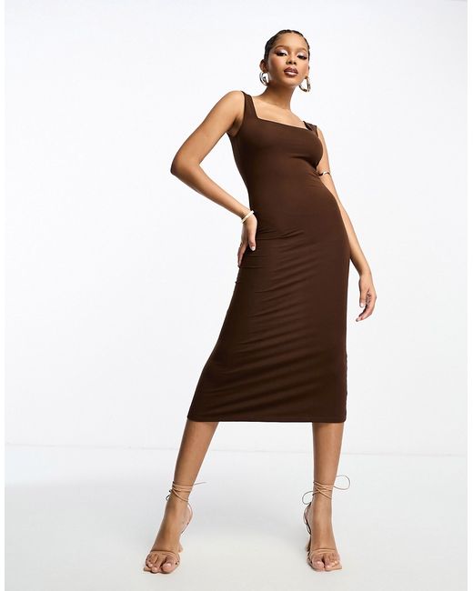 Asos Design square neck softline midi dress in chocolate-