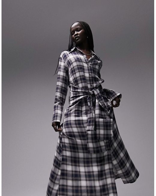 TopShop tie front midi shirt dress in check-