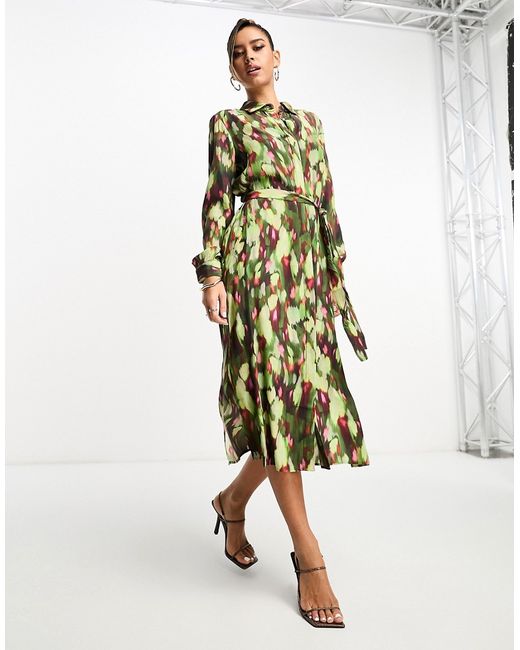 French Connection belted midi shirt dress in abstract print-