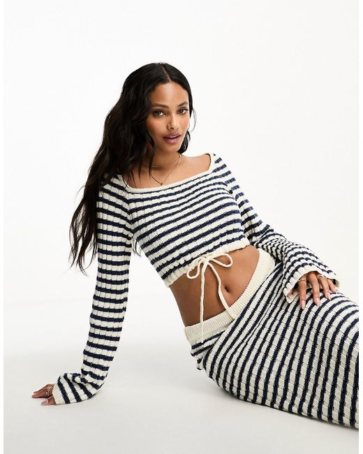 Asos Design knitted wide neck crop sweater in stripe navy and cream part of a set-