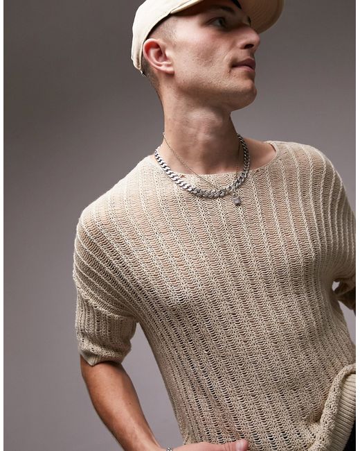 Topman ladder knit T-shirt in stone-