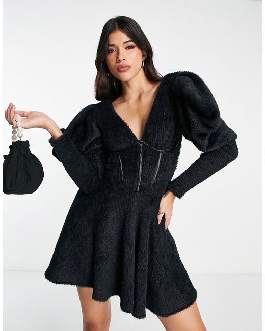 ASOS Luxe fluffy knitted corsetted dress with flippy skirt in