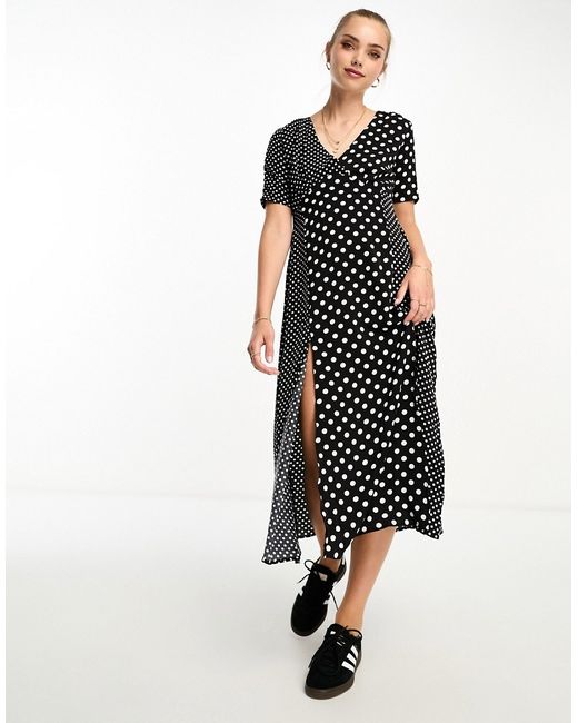 French Connection contrast panel polka dot midi dress in and white